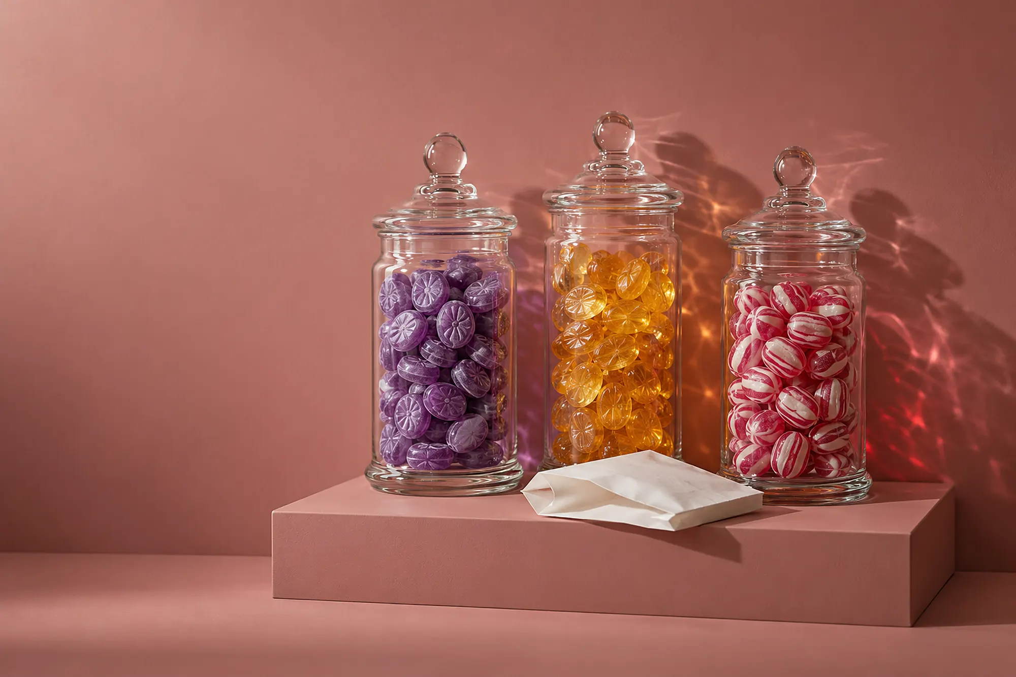 Drei Bonbongläser mit violetten, bernsteinfarbenen und gestreiften Bonbons (Illustration)