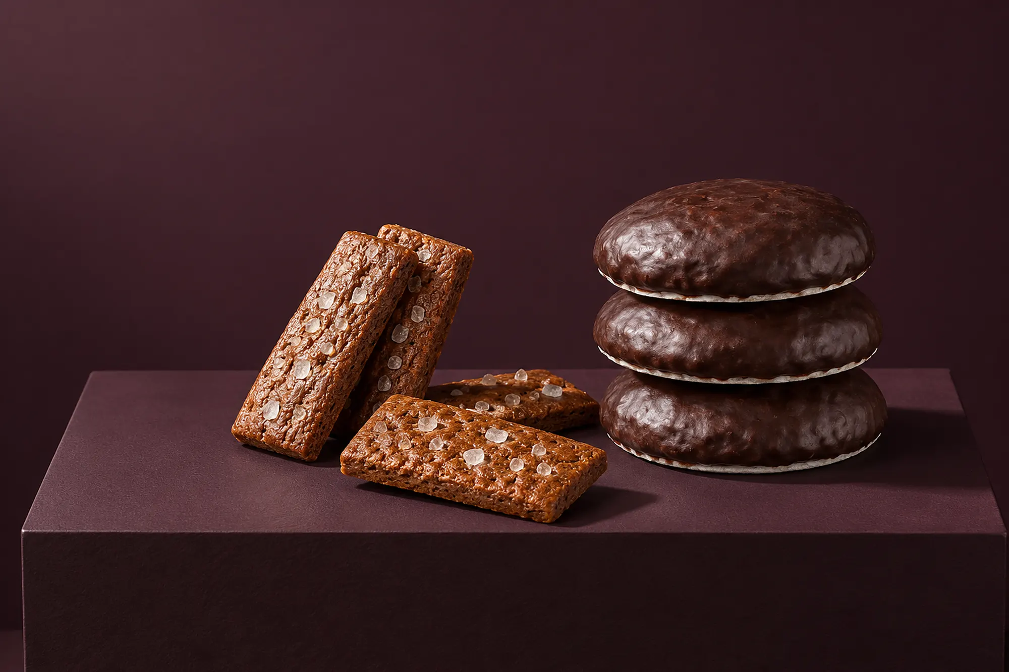 Elisen-Lebkuchen und Aachener Printen auf einem dunklen Sockel (Illustration)