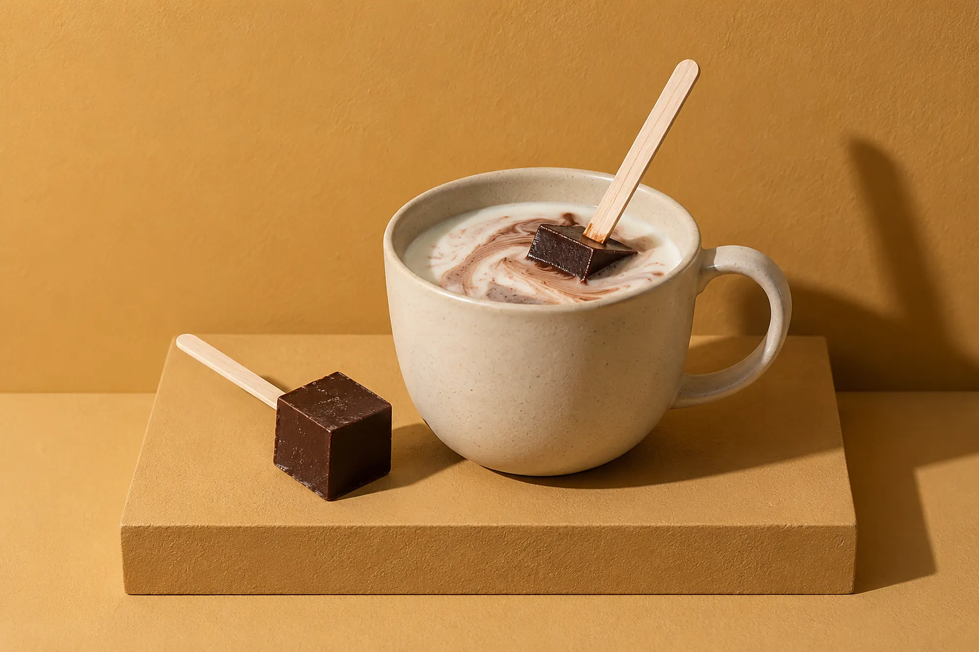 Ein Block Trinkschokolade am Stiel in einer Tasse heißer Milch (Illustration)